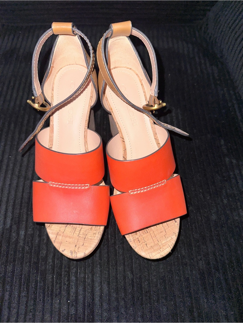 Coach Orange Cork Wedge Sandals with Ankle Strap